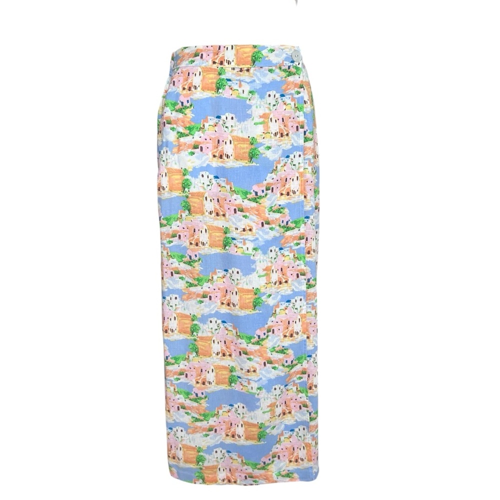 Cynthia Rowley Linen Faux Wrap Midi Skirt Greek Island Print  SZ Med